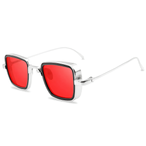 Fowiho Retro Kare Kasa Unisex Güneş Gözlüğü Gümüş-Kırmızı